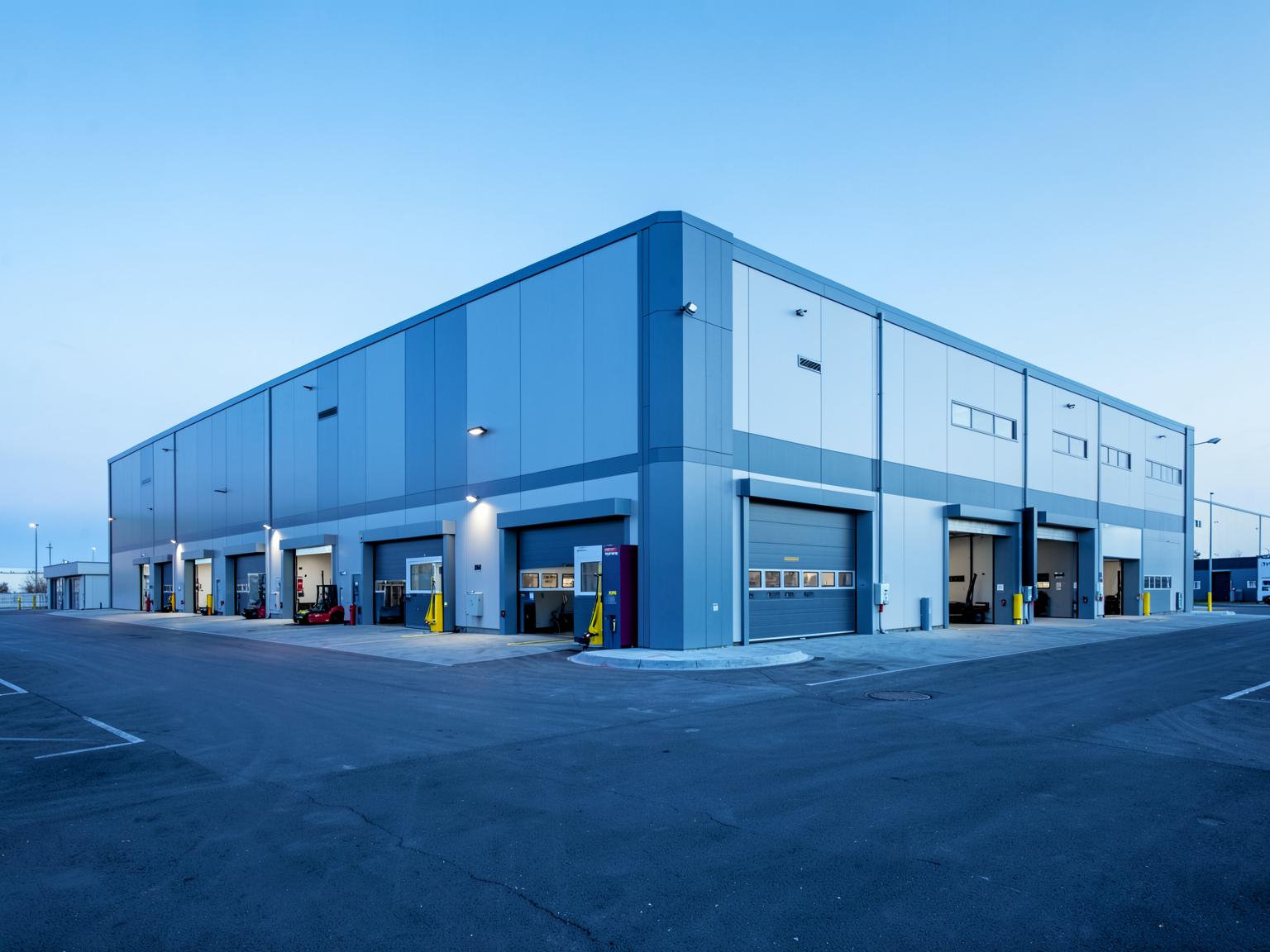 Warehouse building exterior with loading docks