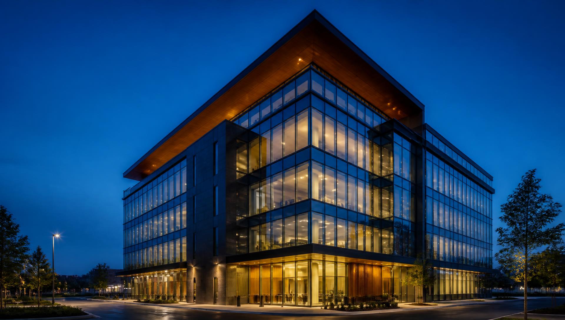 Modern commercial building at blue hour