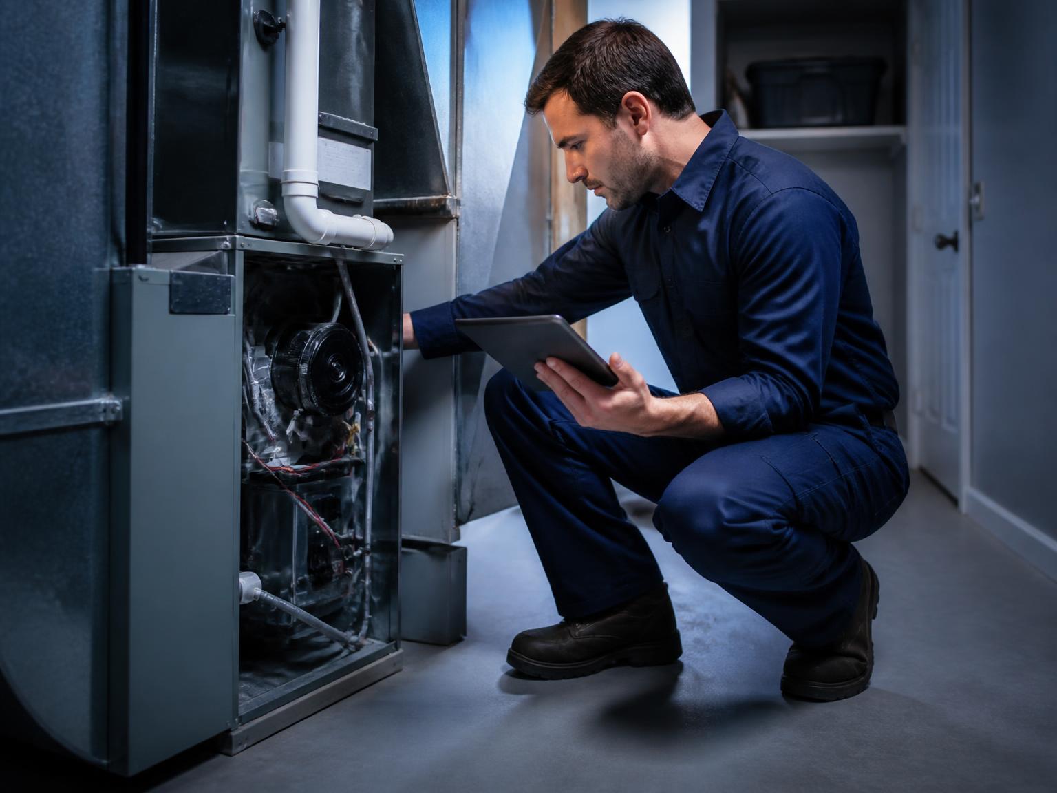 Mainten technician inspecting a residential furnace during a scheduled maintenance visit